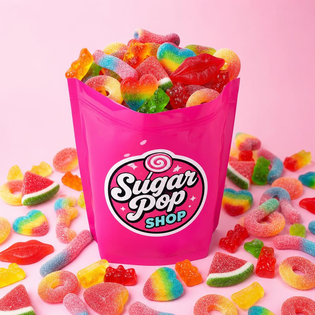 Hot pink Sugar Pop Shop candy bag overflowing with colorful gummy candy