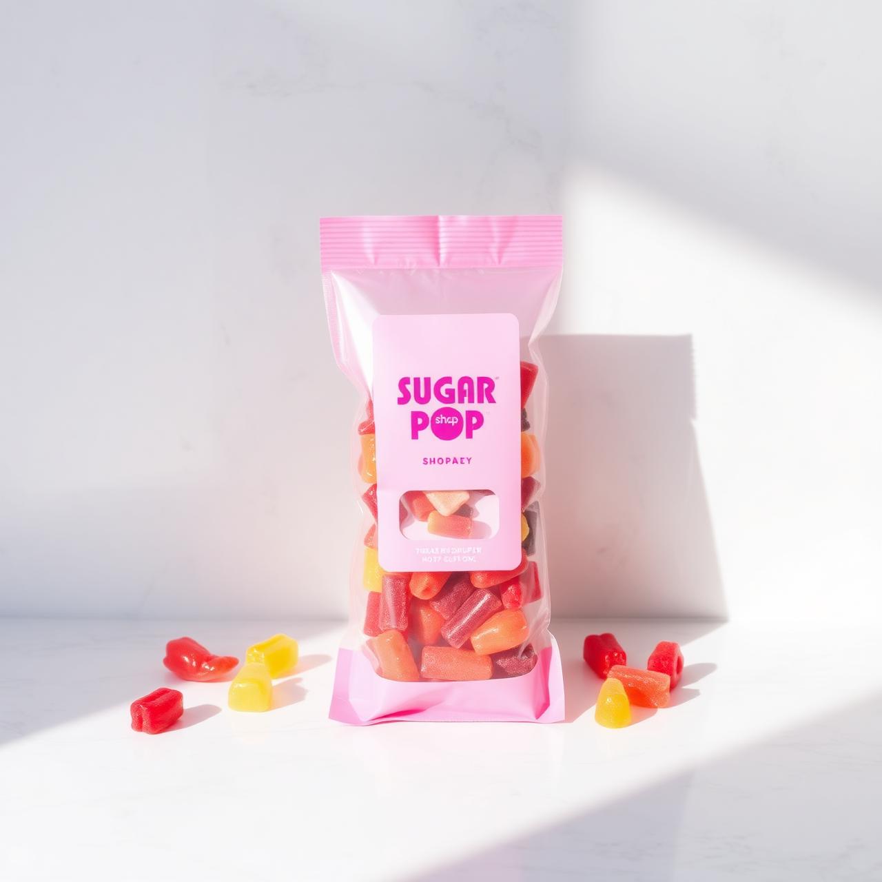 Custom pink Sugar Pop Shop gummy bag