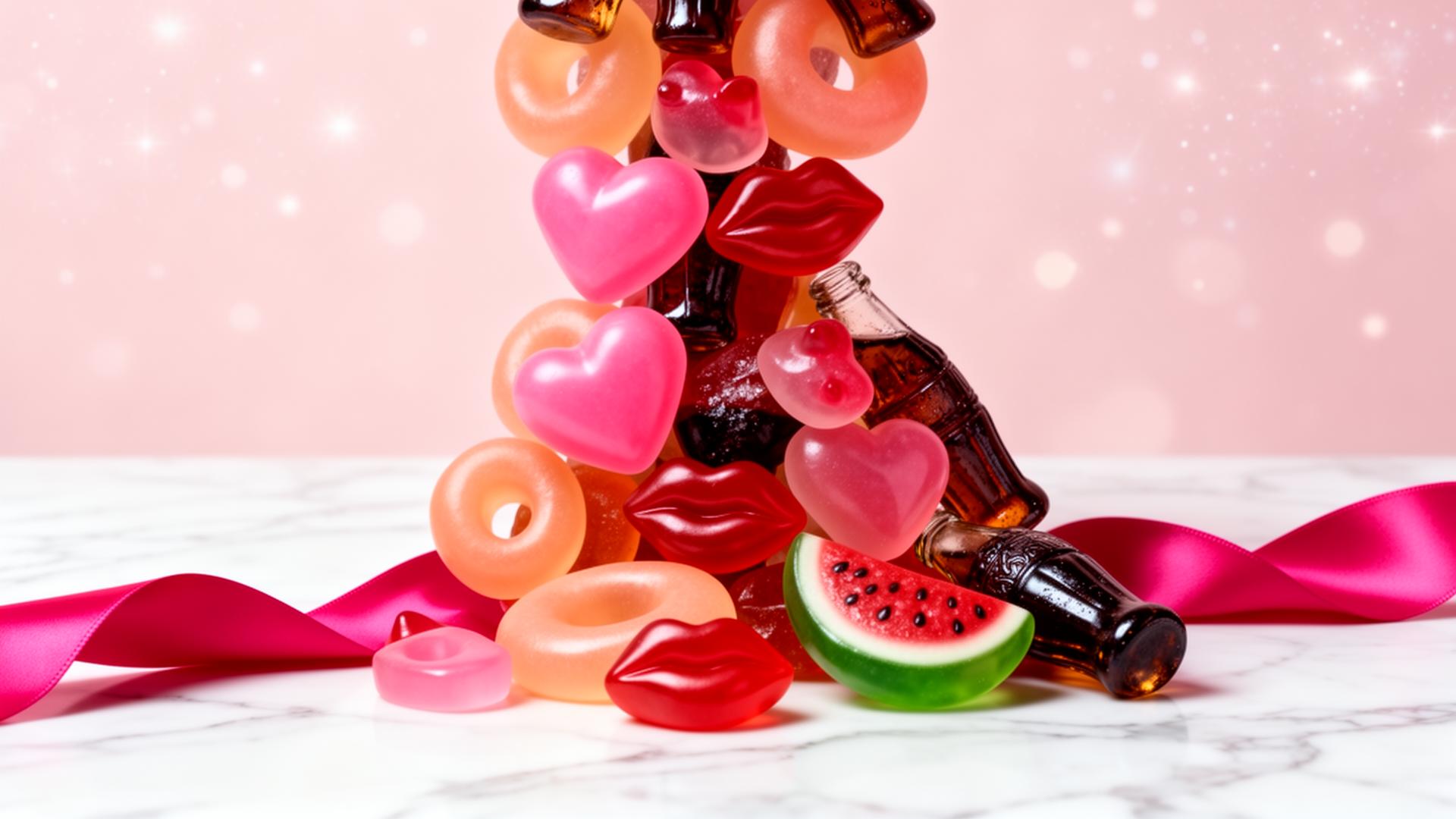 Glossy luxury gummy candy spilling on marble with hot pink ribbon