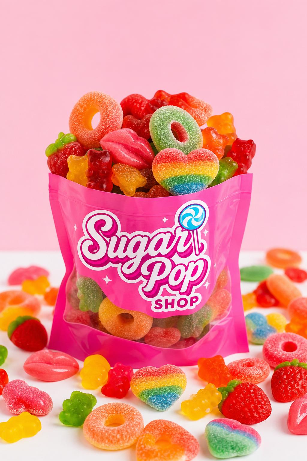 Hot pink Sugar Pop Shop candy bag filled with colorful gummies, surrounded by peach rings, watermelon rings, gummy bears, rainbow hearts and strawberry lips